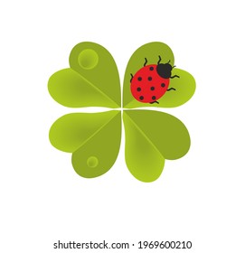 GREEN FOUR LEAF CLOVER ICON DESIGNED WITH LITTLE RED LADYBIRD ANIMAL