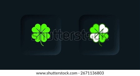 Green Four leaf clover icon isolated on black background. Happy Saint Patrick day. Black square button. Vector