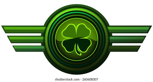 Green Four Leaf Clover on a Round Winged Glossy Sign, Vector Illustration isolated on White Background. 