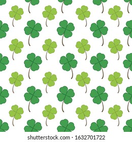 Green four leaf clover seamless pattern vector background. A hand drawn illustration with green, and brown colors on isolated white layer. For fabric, cloth, etc. Eps 10 vector, printable colors.