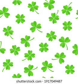 Green Four Leaf Clover Seamless Pattern On White Background.