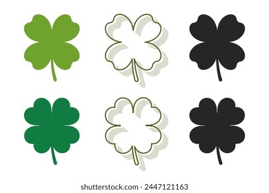 Green four leaf clover simple flat icon collection isolated on white background. Shamrock vector sign for app and website. Nature, luck, happy or saint patrick concept
