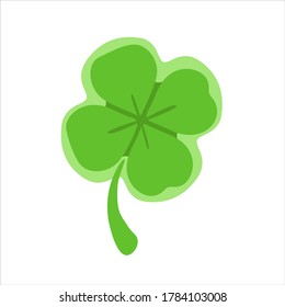 green four leaf clover, symbol isolated on white background, lucky charm, flat design vector illustration