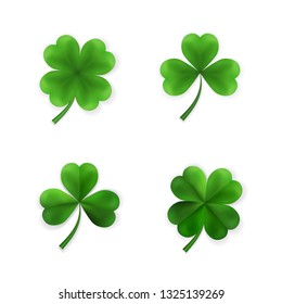 Green Four and Tree Leaf Clovers. Irish Lucky and success symbols. Vector illustration.