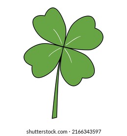 Green four-leaf clover hand drawn isolated on white background. The concept of the celebration of St. Patrick. Vector illustration. Flat design.