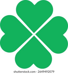 Green four-leaf clover with heart-shaped leaves, centered and isolated in a clean composition, symbolizing good luck and natural charm in a minimalist design.