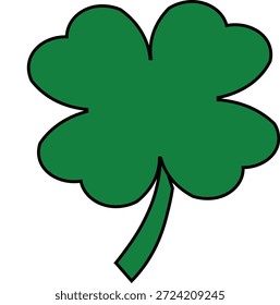 Eine grüne vierblättrige Kleeblattgrafik mit schwarzen Umrissen auf weißem Hintergrund. Ein einfaches und minimales Symbol, das Glück, Glück und gute Stimmung symbolisiert.