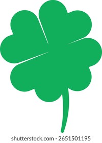 Green four-leaf clover illustration with distinct heart-shaped leaves and a stem, symbolizing good luck and fortune.