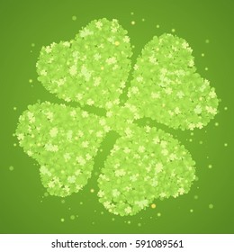 Green four-leaf clover made from little clovers on green background whith glow and sparks. Vector illustration
