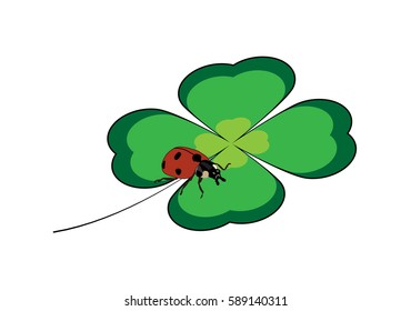 A green four-leaf clover with red ladybug