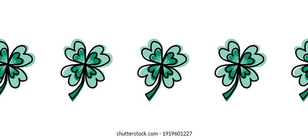 Green four-leaf clover seamless vector border. Repeating horizontal pattern illustration good luck spring design with shamrock. St Patricks Day background. Vertical frame isolated white background