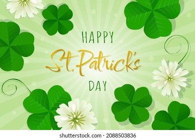 Green four-leaf lucky clovers card. Happy St. Patricks day decorative vector background.