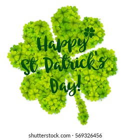 Green four-leaf lucky vector clover with calligraphic sign Happy St. Patrick's Day!