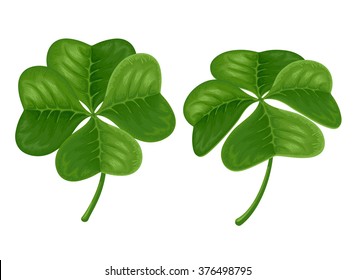 Green four-leaves shamrock. Symbol of luck on Saint Patricks Day. Vector Illustration. Isolated on white background.