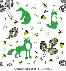 Green fox on a white background autumn forest. Vector seamless pattern with wild animals pattern acorns and pine cones. Illustration still life animals in the forest.