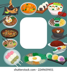 Green frame with Asian cuisine. Traditional cuisine of the Far East. Vector illustration. Background, postcard, flyer, poster.