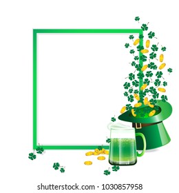 Green frame as copy space decorated with green beer glass and magic hat with shamrock leaves called green clovers and golden coin coming out. Background for saint patrick's day. Vector illustration.