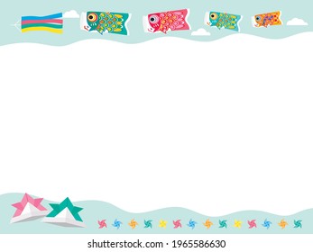 Green frame illustration of carp streamers of Children's Day and the helmet of origami