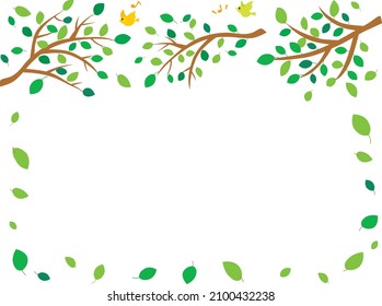 Green frame illustration of trees and small birds.