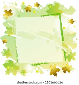 Green frame on square green background decorated with green and golden maple leaves for text, lettering, invitation, wedding, postcard, greeting card, advertising, photo,note paper, start image, cover