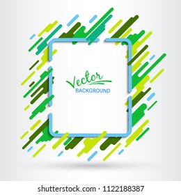 Green frame on a white background. Effect of motion of geometric elements. Futuristic abstract image. Stylish modern composition. Template for design projects. Vector illustration.
