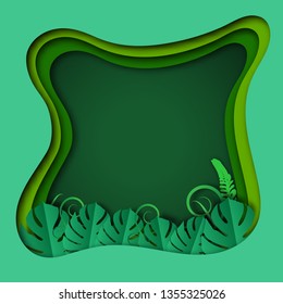 Green frame of paper art style with leaves pattern for nature background,tropical leaf tree textured, conservation energy and fresh air concept,vector or illustration style