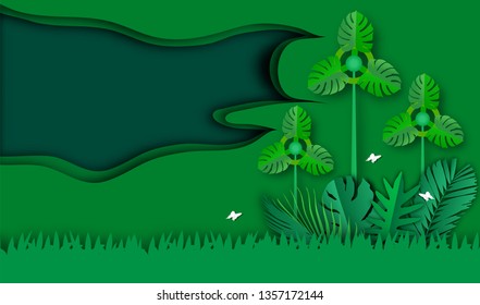 Green frame of paper art style with turbine and leaves pattern for nature background,tropical leaf tree textured, conservation energy and fresh air concept,vector or illustration 