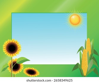Green frame with sky, sunflowers and corn. Vector art illustration