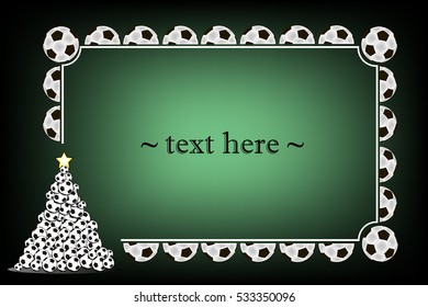Green frame with soccer balls and Christmas tree from soccer balls on a black background. Vector illustration