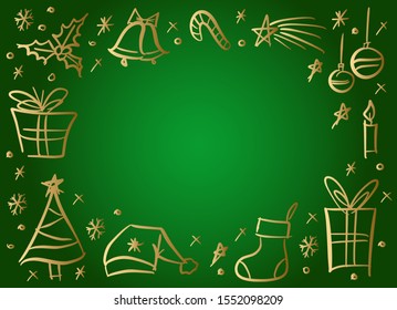 Green frame of traditional Christmas hand drawn doodle elements. Spruce tree, snowflakes, gift boxes, decorations, holly, falling star, sock, Santa hat. Vector border illustration in sketchy style.