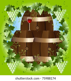 in a green frame of the vine three barrels of wine and a glass of red wine