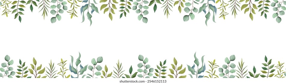 Green frame for weddings, greetings, wallpapers, fashion posters, backgrounds. Eucalyptus, green leaves, twigs.
