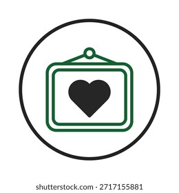A green framed heart inside a circle represents affection, love, and tenderness. The image could be used to symbolize relationships, romance, sentimentality, or deep feelings of care and
