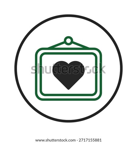A green framed heart inside a circle represents affection, love, and tenderness. The image could be used to symbolize relationships, romance, sentimentality, or deep feelings of care and
