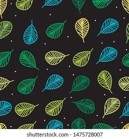 Green freash leaf seamless pattern with white dots on dark background