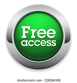Green free access button with metallic border on white background