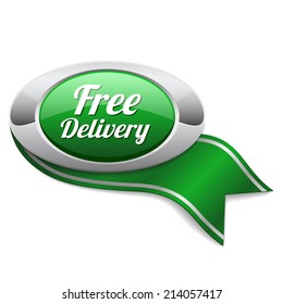 Green free delivery button with ribbon on white background