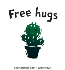 Green free hugs smiling cactus logo, vector template