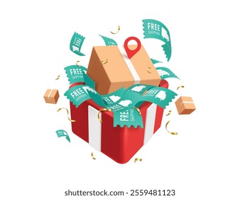 Green free shipping promotion tag and cardboard box or parcel box placed in red gift box for delivery promotion advertising, vector 3d isolated on white background for advertising design