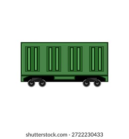 Carro de tren de carga verde con ruedas que ilustran la entrega de mercancías y el transporte global sobre un fondo blanco, que representa la logística y el envío industrial