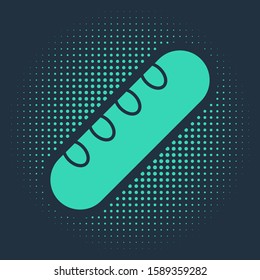 Green French baguette bread icon isolated on blue background. Abstract circle random dots. Vector Illustration