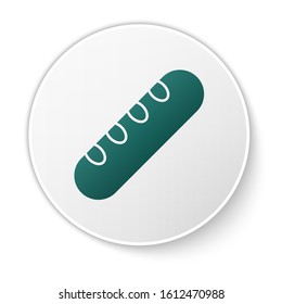 Green French baguette bread icon isolated on white background. White circle button. Vector Illustration