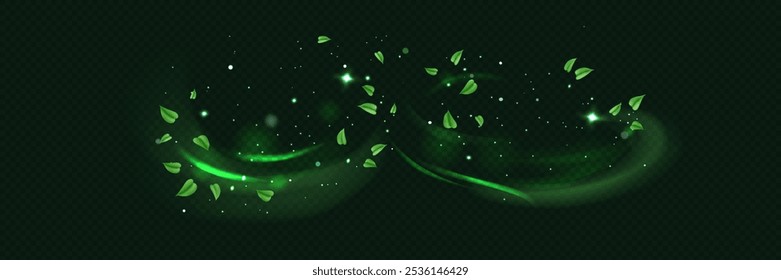 Efeito de ar fresco verde ou vento definido no fundo transparente. Brilho em espiral. Ilustração de vetor realista