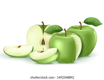 Green Fresh Apples Whole, Half and Sliced Wet and with Water Splash 3D Realistic in Isolated White Background Vector Illustration 