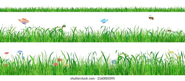 Green fresh cartoon grass wide banner collection with flowers, butterflies and bees vector illustration.