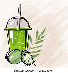 green fresh fruit citrus lime juice cocktail in plastic juice glass, sketch for your design