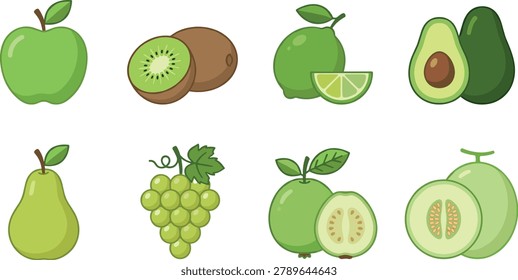Green Fresh Fruit Icon Set With Apple Kiwi Lime Avocado Pear Grapes And Guava Vector Illustration