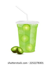 Green fresh kiwi juice glass and slices half. Fruit juice in clear plastic transparent cup flat lid, ice and straw tube. For design drink menu cafe or restaurants. Isolated 3D realistic vector.