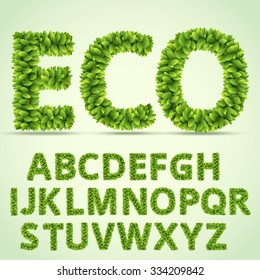 Green Fresh Leaves Ecology Alphabet. Vector letters set 