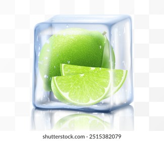 Green fresh lime in ice cube isolated on transparent background. Frozen ripe juicy lime, realistic 3d vector illustration. Bright tropical summer design